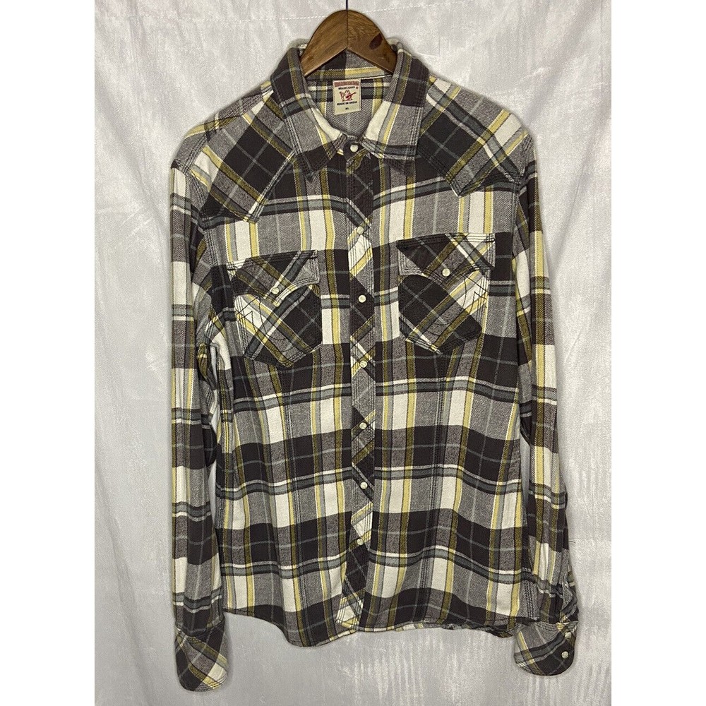 True Religion Adult Flannel Plaid Long Sleeve Pearl Snap Shirt Mens XL Western